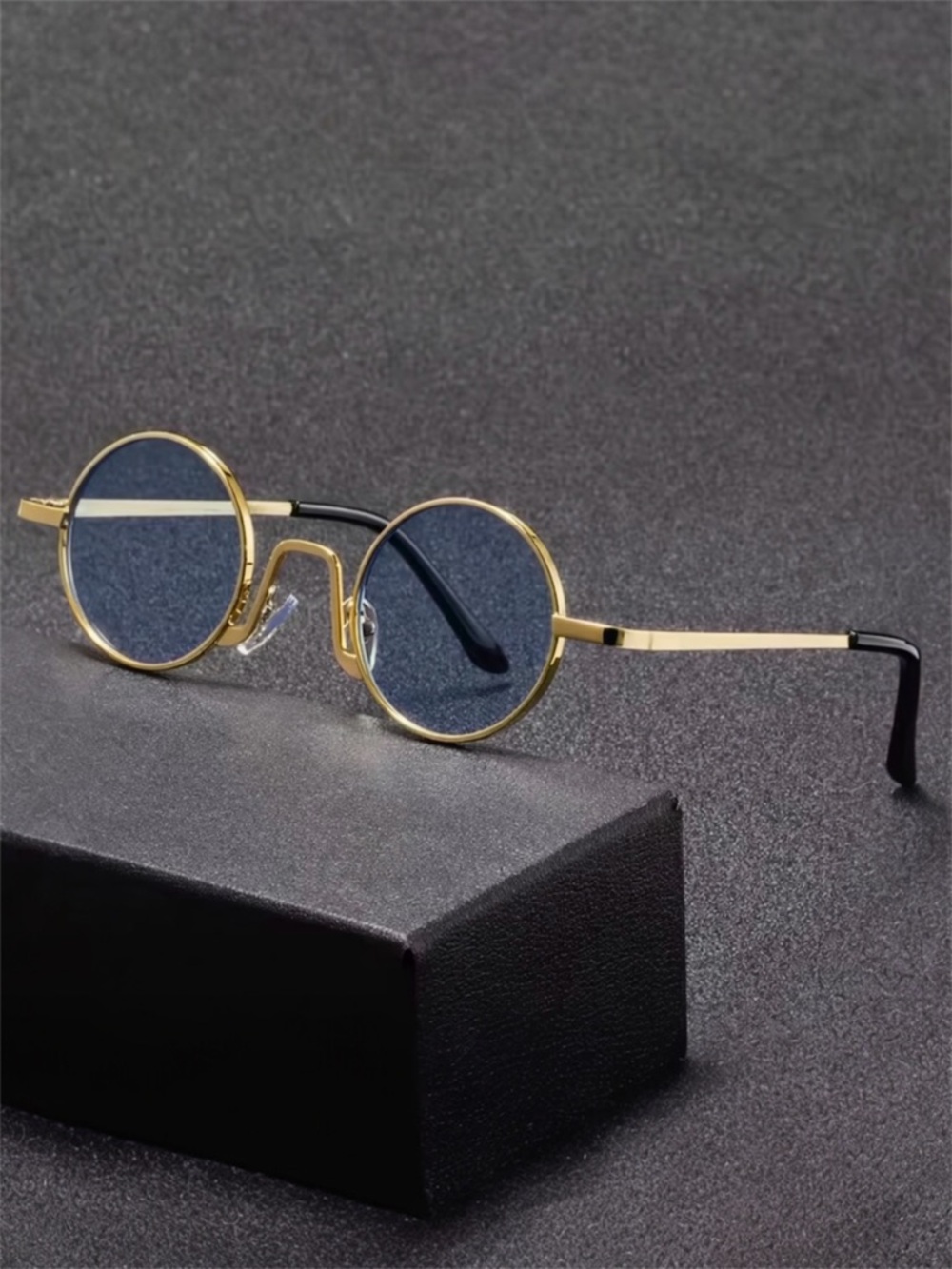 Retro Round Blue Lens Sunglasses Gold Metal Frame, Vintage 60s 70s Hippie Style